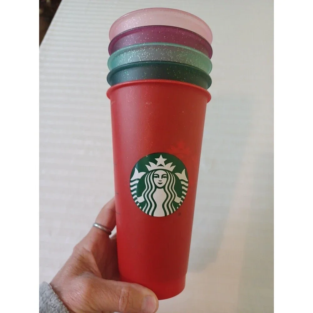 Starbucks set of 5 reusable glitter plastic cold cups 24oz tall tumblers